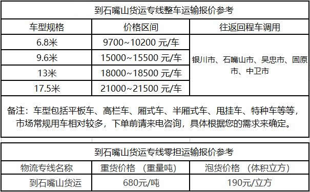洲际物流提供广东到石嘴山物流运费价格参考
