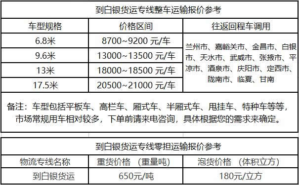 洲际物流提供广东到白银物流运费价格参考
